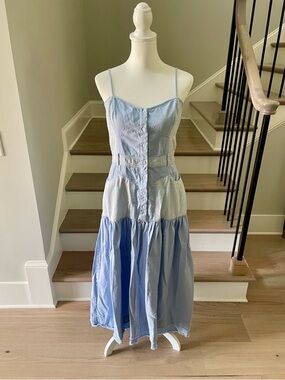 ASOS Ultimate Paneled Denim-Look Tiered Maxi Dress in Blue - Size 8